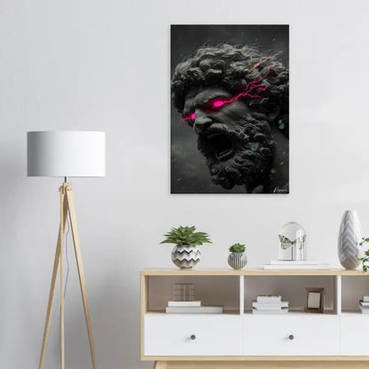 Une impression sur toile noir et blanc frappante mettant en scène une figure musclée et barbu aux yeux d’éclair rose luminescent et aux textures orageuses.