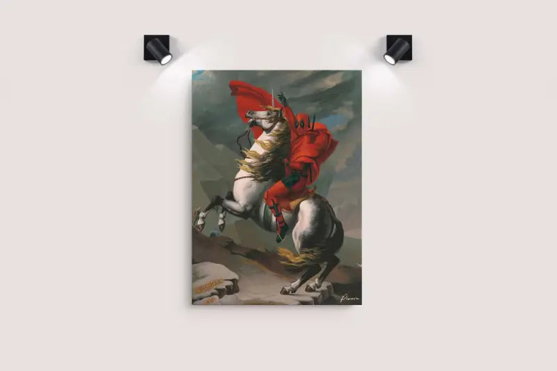 Un Deadpool rouge vibrant monté sur un cheval blanc, représenté dans un style de peinture classique dramatique avec un mouvement dynamique et des textures détaillées.