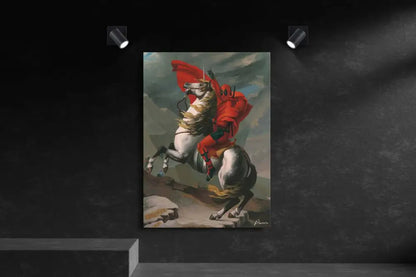 Un chevalier vêtu de rouge vibrant monté sur un cheval blanc, représenté dans un style de peinture à l’huile avec un mouvement dramatique et une touche classique.