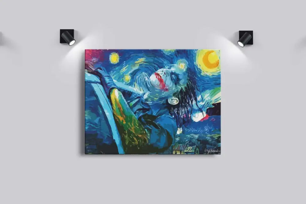 Peinture abstraite vibrante en bleu et jaune mettant en scène une figure stylisée sous des cieux étoilés tourbillonnants, évoquant le « Nuit étoilée » de Van Gogh avec des coups de pinceau audacieux.