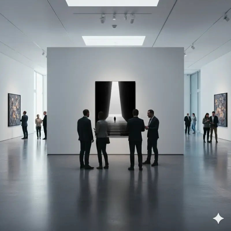 Peinture abstraite en noir et blanc présentant un escalier dramatique et illuminé encadré de lourds rideaux.