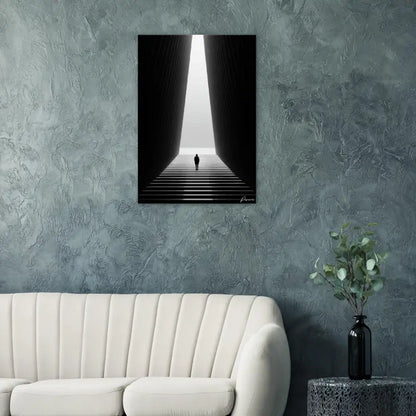 Estampe d’art minimaliste en noir et blanc représentant une figure solitaire montant des escaliers vers la lumière.