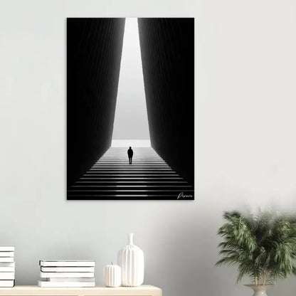 Impression sur toile minimaliste en noir et blanc représentant une figure solitaire montant un large escalier ombragé vers la lumière.