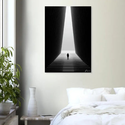 Impression sur toile minimaliste noir et blanc représentant une silhouette solitaire montant des escaliers vers la lumière.