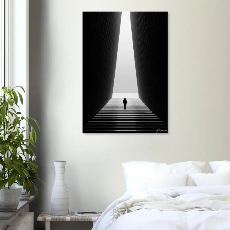 Impression sur toile minimaliste noir et blanc représentant une silhouette solitaire montant des escaliers vers la lumière.