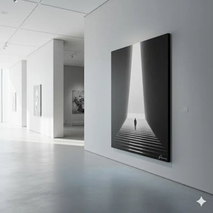 Peinture abstraite sur toile en noir et blanc représentant une figure solitaire montant des escaliers vers la lumière, signée « pierre » dans le coin.