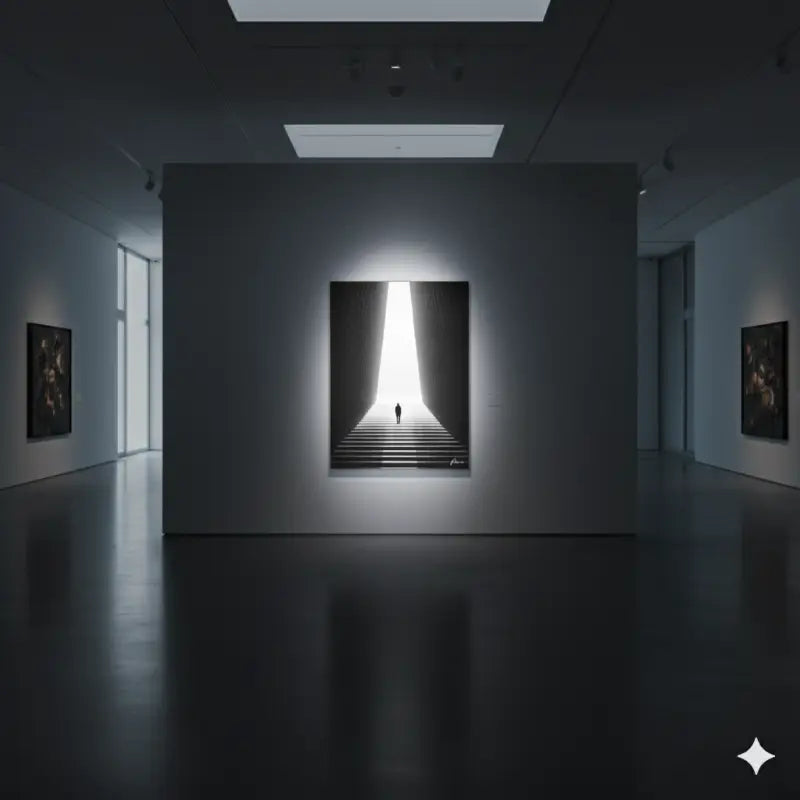 Une œuvre d’art encadrée en noir et blanc dépeignant une figure solitaire montant des escaliers vers une lumière vive, exposée sur un mur de galerie.