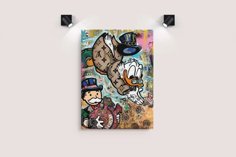 Une impression sur toile de style graffiti vibrant mettant en scène Donald Duck et l’homme du Monopoly dans une composition dynamique et colorée avec des logos de marques de luxe proéminents.
