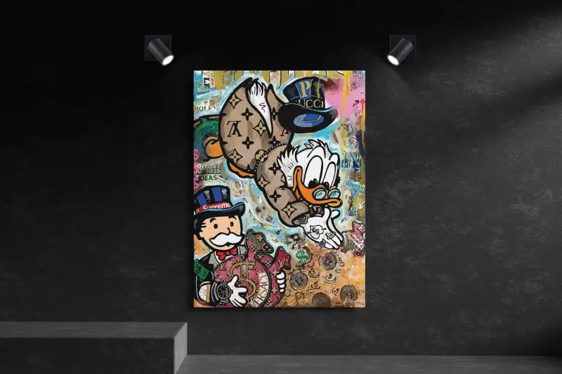 Impression sur toile de style graffiti vibrant mettant en scène Donald Duck et l’homme du Monopoly dans une composition dynamique et superposée avec des motifs monogramme Louis Vuitton proéminents.