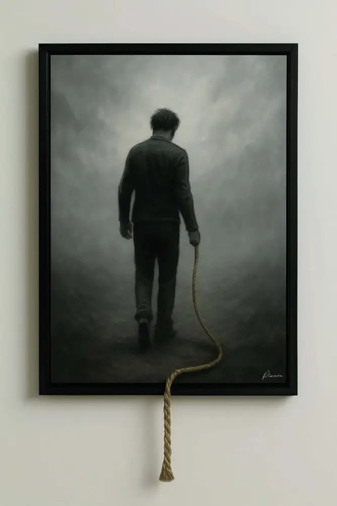 Œuvre d’art encadrée de noir représentant un homme vêtu de vêtements sombres s’éloignant dans le brouillard, avec une corde tressée épaisse s’étendant du bas de la toile et se terminant par un bout frangé.