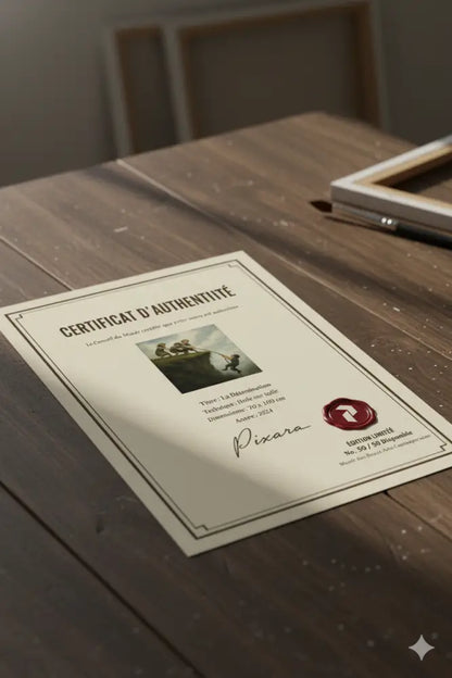 Certificat de couleur crème avec du texte noir et un sceau de cire rouge, présentant une illustration de trois figures sur un bateau.