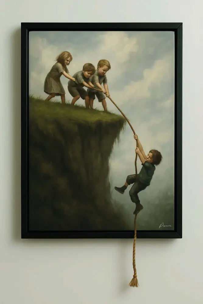 Un tableau encadré représentant quatre enfants tirant sur une corde qui s’étend vers le bas, avec un enfant suspendu à celle-ci comme s’il était en plein air.