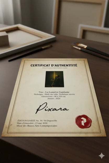 Certificat beige avec texte noir et un sceau de cire rouge, arborant le logo Pixar.
