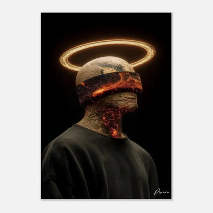 Une œuvre d’art numérique surréaliste dépeignant une figure avec une tête et un cou texturés aux tons terreux engloutis dans des braises orange-rouge feu, couronnée d’un halo doré lumineux.