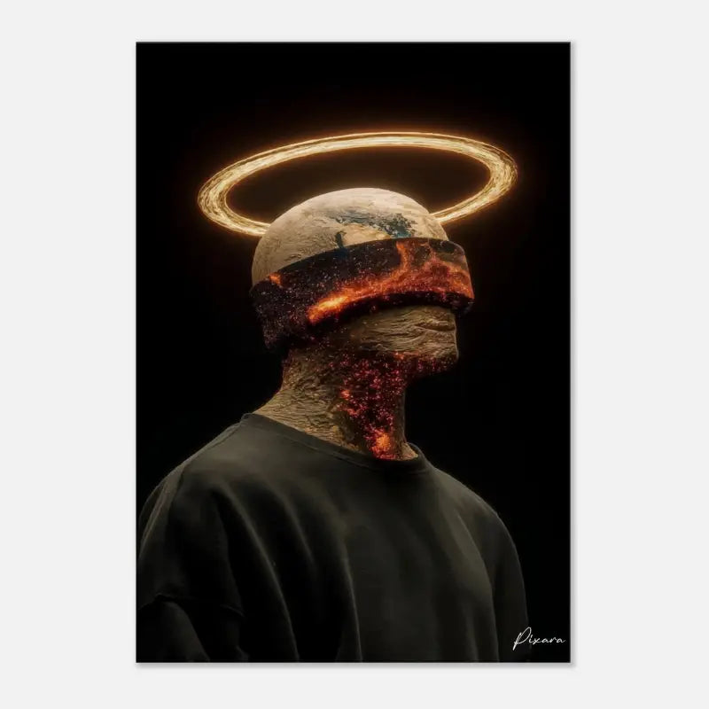 Une œuvre d’art numérique surréaliste dépeignant une figure avec une tête et un cou texturés aux tons terreux engloutis dans des braises orange-rouge feu, couronnée d’un halo doré lumineux.