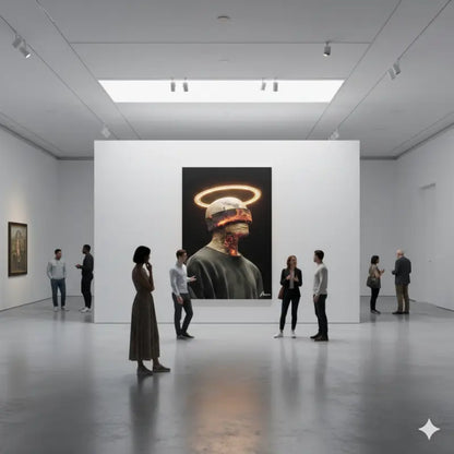 Une œuvre d’art numérique frappante dépeignant une figure avec un halo lumineux et une peau texturée et enflammée sur un fond sombre.