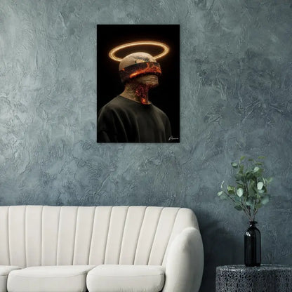 Une toile d’art numérique frappante mettant en scène une figure avec un halo doré luminescent, des textures rouge feu et orange sur son visage et son cou, portant un haut noir sur un fond sombre.