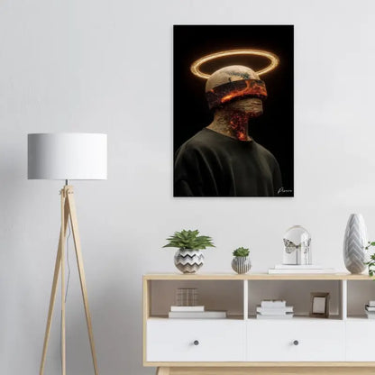 Une impression sur toile frappante noir et or représentant une figure avec un halo lumineux et un visage texturé et enflammé.