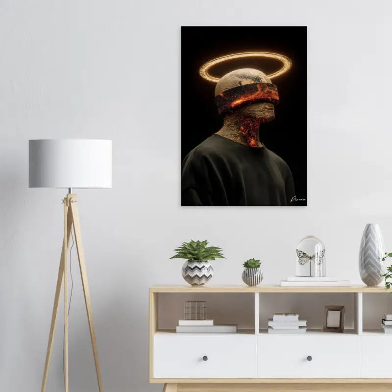 Une impression sur toile frappante noir et or représentant une figure avec un halo lumineux et un visage texturé et enflammé.