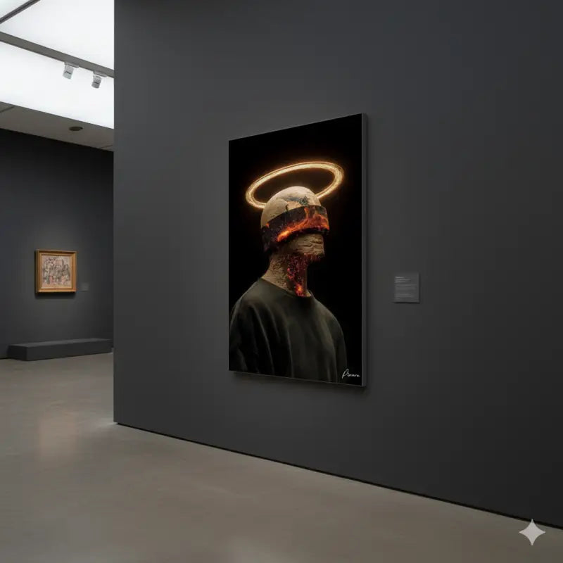 Une œuvre d’art numérique frappante représentant une figure avec un halo doré luminescent au-dessus de sa tête, présentant des textures orange et rouge enflammées sur le visage et le cou sur un fond sombre.