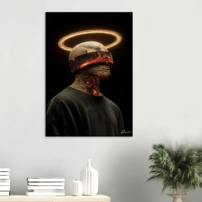 Une impression sur toile noire frappante mettant en scène une figure avec un halo doré lumineux, portant une bande orangée et rouge feu sur les yeux.