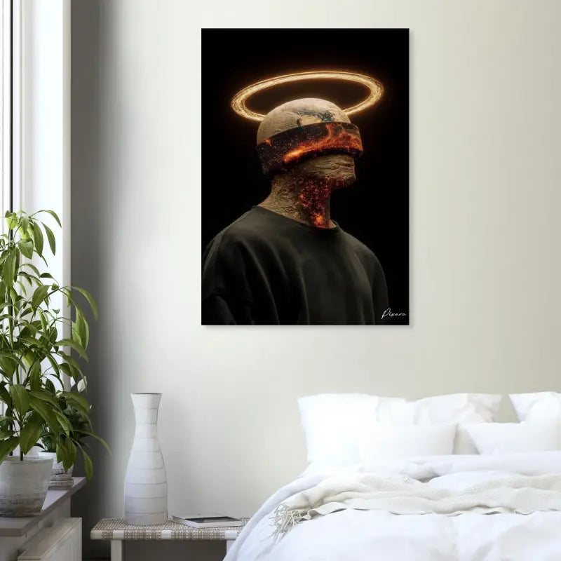 Une impression sur toile frappante noir et or représentant une figure avec un halo luminescent et une peau texturée et enflammée.