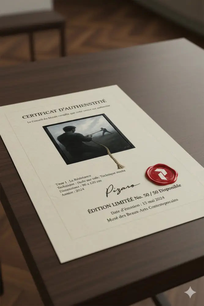 Certificat blanc avec texte noir et un sceau de cire rouge, comportant une image d’un homme tenant une corde.