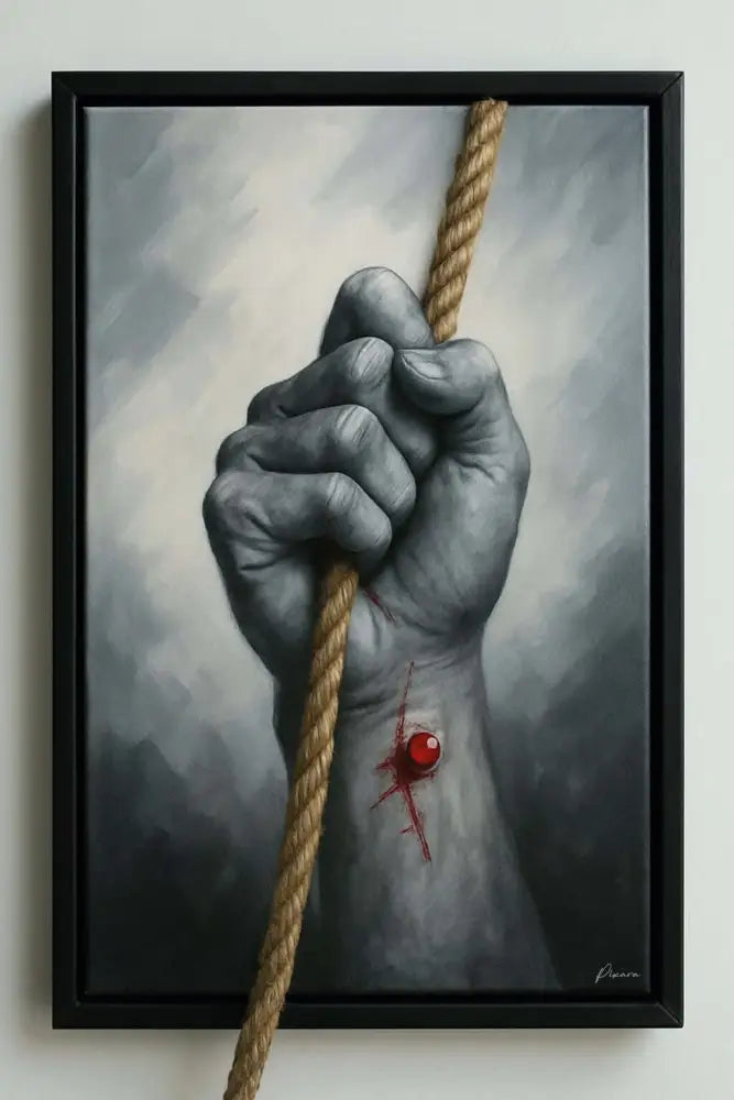 Un tableau encadré représentant une main serrant une corde épaisse de couleur tan avec une perle rouge près du poignet.