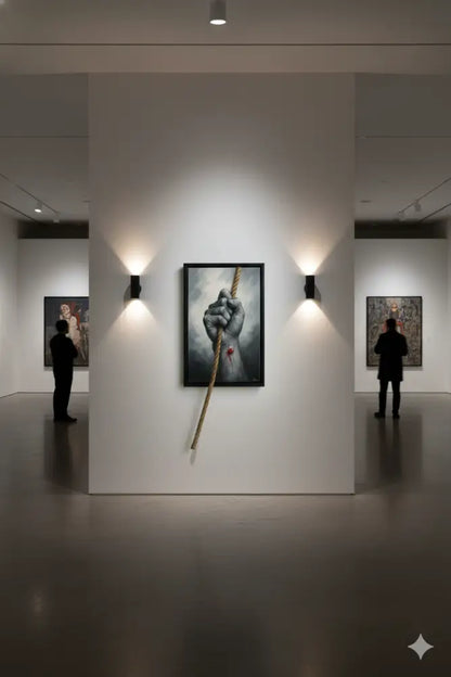 Un tableau frappant à cadre noir représentant une main détaillée et texturée serrant une corde épaisse avec une couture rouge visible.