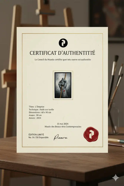 Certificat d’authenticité de couleur crème avec une illustration en noir et blanc d’une main serrant une corde, orné de bordures en feuille d’or et d’un sceau de cire rouge.