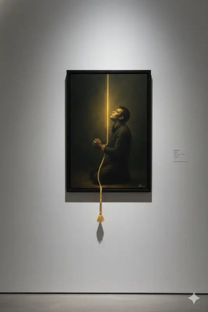Un tableau encadré représentant un homme vêtu de vêtements sombres agenouillé et tendant les bras vers le haut vers un faisceau de lumière vertical, avec une corde dorée suspendue du bord inférieur du cadre.