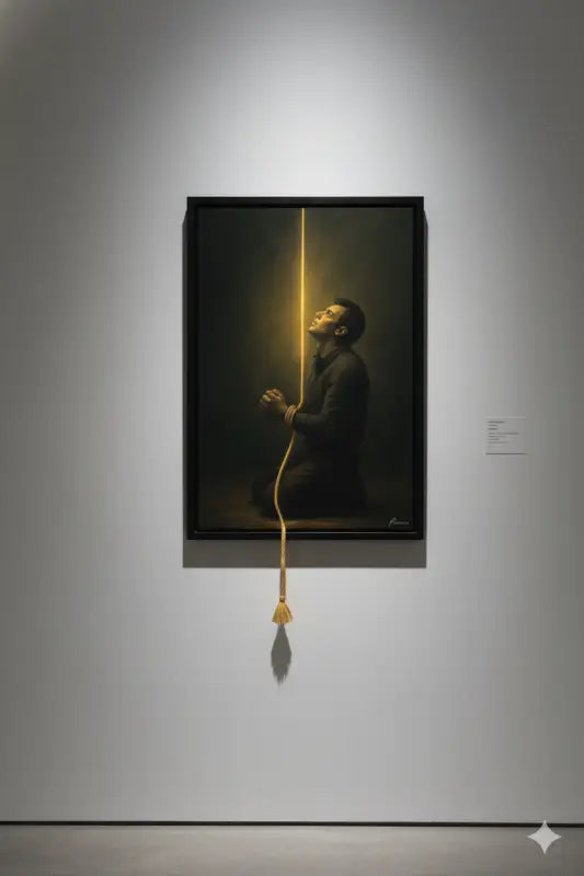 Un tableau encadré représentant un homme vêtu de vêtements sombres agenouillé et tendant les bras vers le haut vers un faisceau de lumière vertical, avec une corde dorée suspendue du bord inférieur du cadre.