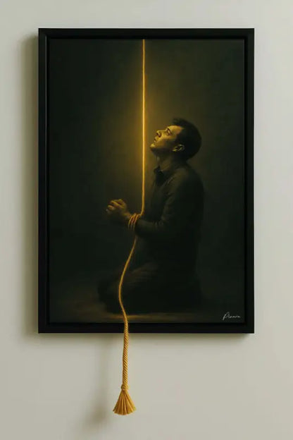 Une peinture encadrée représentant un homme vêtu de vêtements sombres à genoux et regardant vers le haut, avec une corde dorée s’étendant verticalement de ses mains jusqu’au bas du cadre où elle se termine en gland.