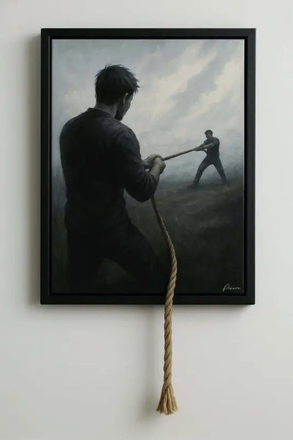 Un tableau encadré représentant deux figures dans un tir à la corde, avec la corde s’étendant de la toile et se terminant par un gland en fibre naturelle.