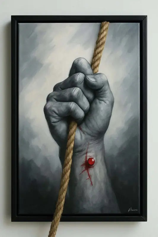 Un tableau encadré représentant une main serrant une corde épaisse de couleur tan avec une perle rouge près du poignet.