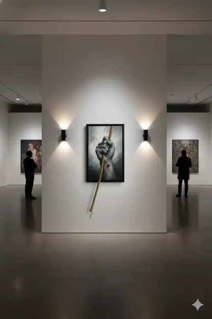 Un tableau frappant à cadre noir représentant une main détaillée et texturée serrant une corde épaisse avec une couture rouge visible.