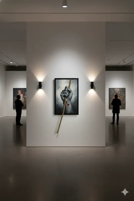 Un tableau frappant à cadre noir représentant une main détaillée et texturée serrant une corde épaisse avec une couture rouge visible.