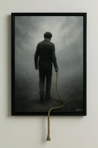 Œuvre d’art encadrée de noir représentant un homme vêtu de vêtements sombres s’éloignant dans le brouillard, avec une corde tressée épaisse s’étendant du bas de la toile et se terminant par un bout frangé.