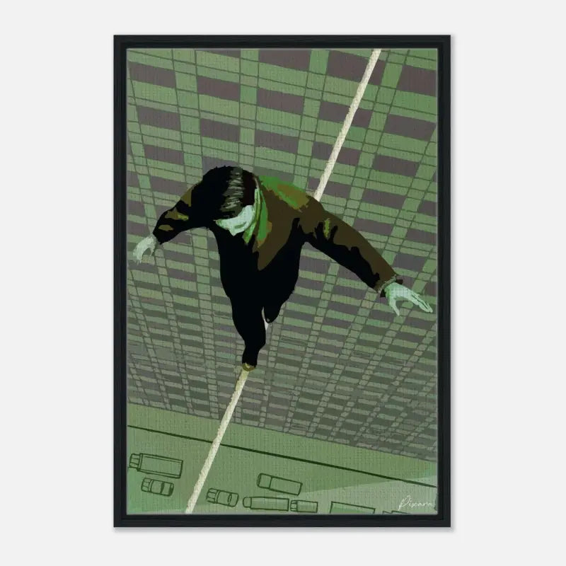 Une œuvre d’art encadrée représentant une figure stylisée en équilibre sur un fil tendu sur un fond de grille géométrique, rendue en tons verts et bruns audacieux avec des contours noirs.