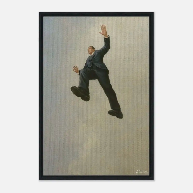 Œuvre d’art encadrée en noir dépeignant un homme en costume sombre flottant sur un fond texturé gris clair.