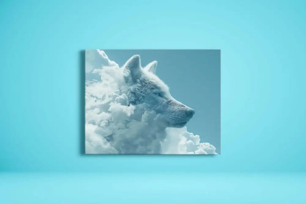 Une impression sur toile encadrée présentant un loup blanc émergeant de nuages stylisés, rendue en tons bleu froid et gris.