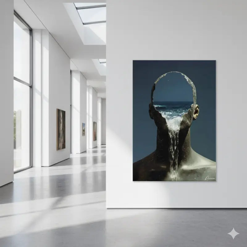 Une impression sur toile surréaliste représentant une figure humaine avec des vagues océaniques s’écoulant de sa tête, rendue en bleus profonds et tons métalliques.