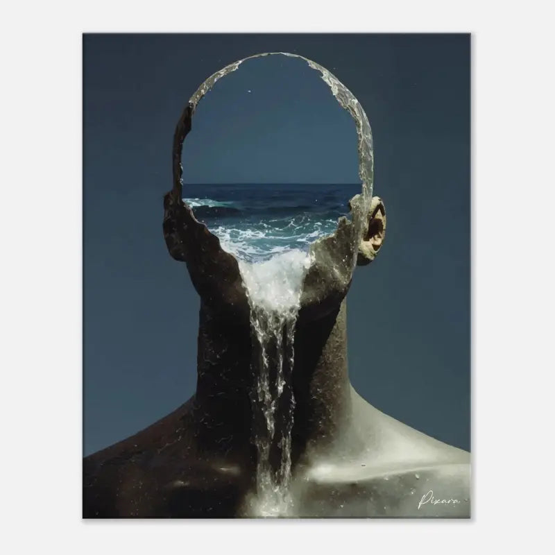 Une sculpture en pierre sombre et texturée représentant une figure humaine avec de l’eau coulant de sa tête et de son cou.