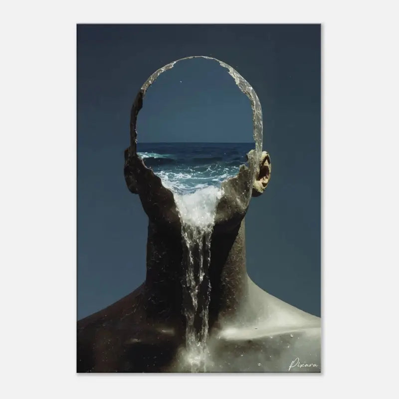 Une figure humaine sombre et sculptée avec une ouverture circulaire à l’endroit où devrait se trouver la tête, révélant des vagues océaniques déferlantes à l’intérieur.