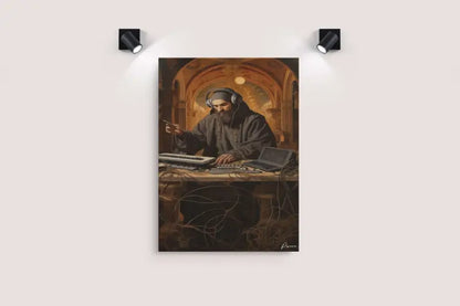 Une impression sur toile encadrée représentant un moine en robes sombres et casque audio, assis à un équipement de musique électronique avec un clavier et un ordinateur portable.