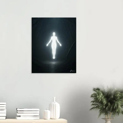 Une silhouette blanche lumineuse d’une figure humaine sur un fond sombre, affichée sous forme d’impression artistique sur toile.