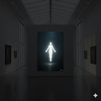 Une peinture de silhouette humaine blanche lumineuse exposée dans un couloir de galerie faiblement éclairé.