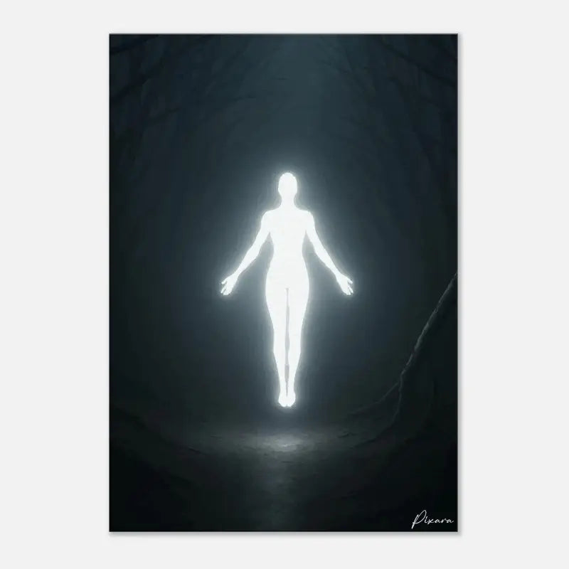 Une silhouette humaine blanche luminescente se tient au centre d’une grotte sombre et ombragée.