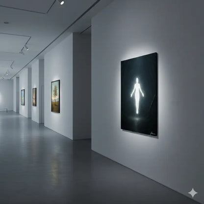 Une silhouette blanche luminescente d’une figure humaine sur une toile noire, encadrée en bois sombre.