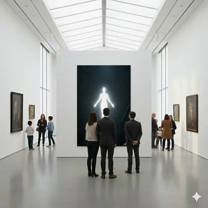 Une peinture d’une silhouette humaine blanche lumineuse sur une toile sombre, exposée de manière proéminente dans une galerie d’art.